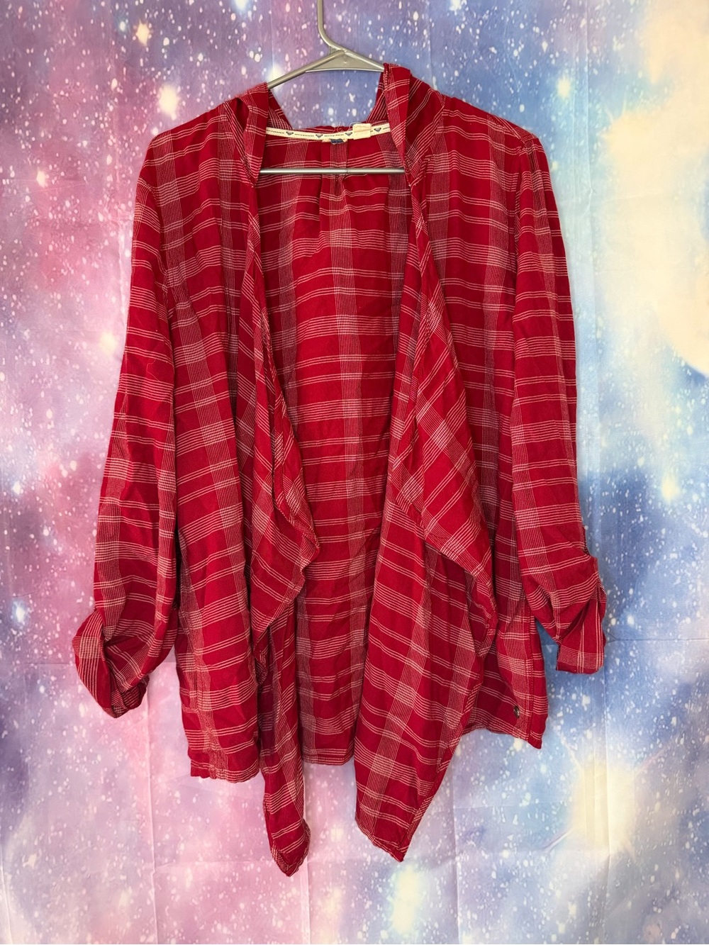 Roxy red plaid hooded waterfall cardigan
